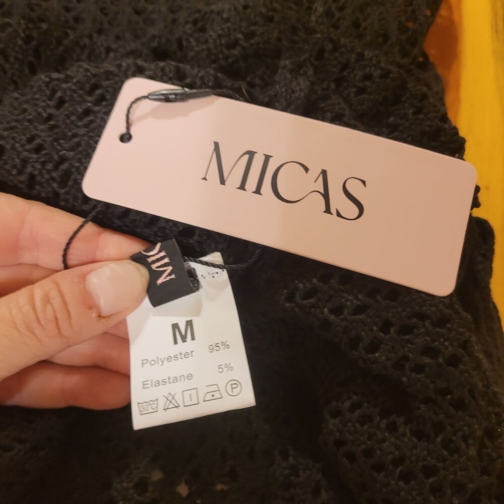 Micas Women's Size Medium Black Open Knit Mini Dress Ruffle Hem NWT Cami Style - Picture 5 of 6